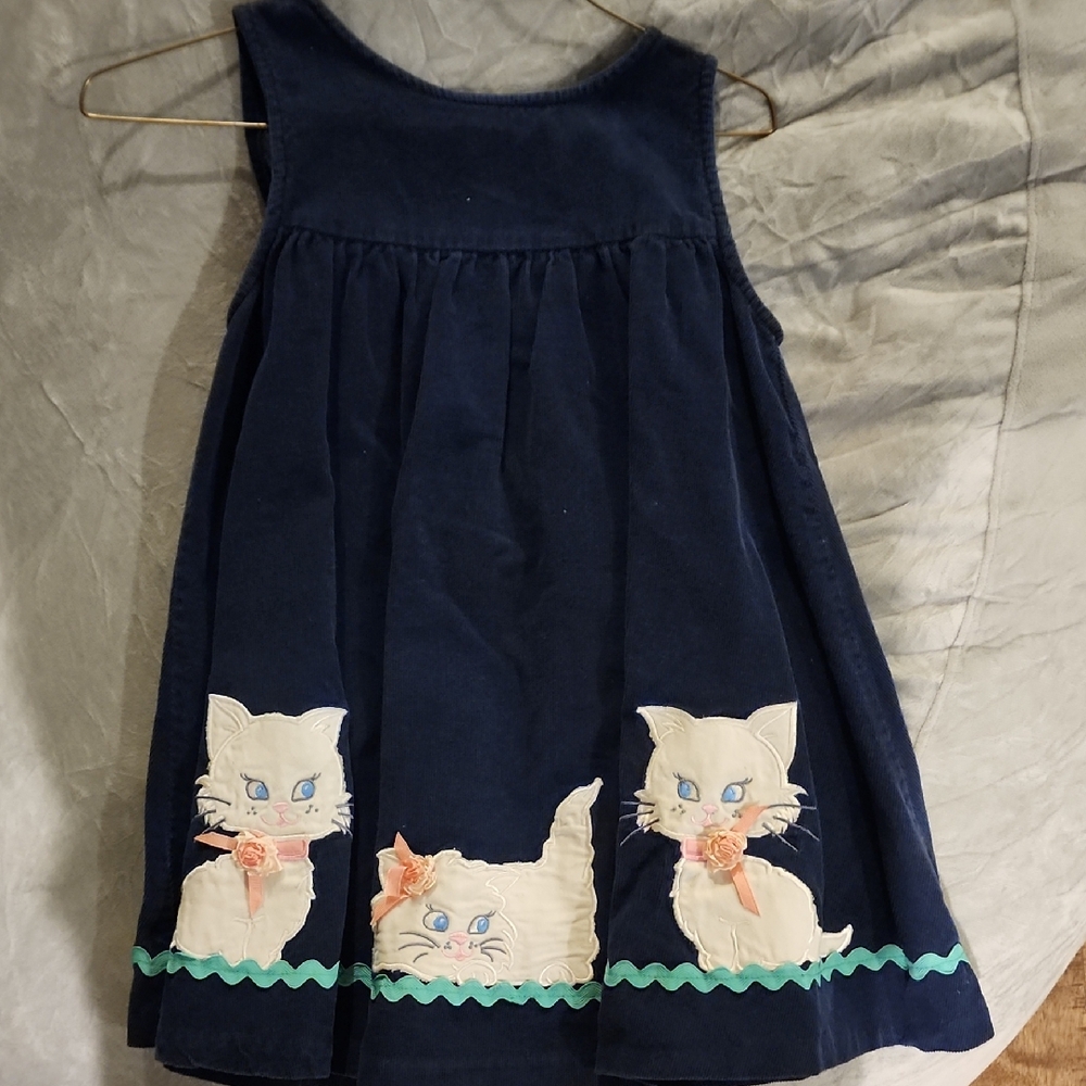 Vintage Y2k Era Corduroy Navy Blue Cat Embroidered Kids Casual Dress 6x